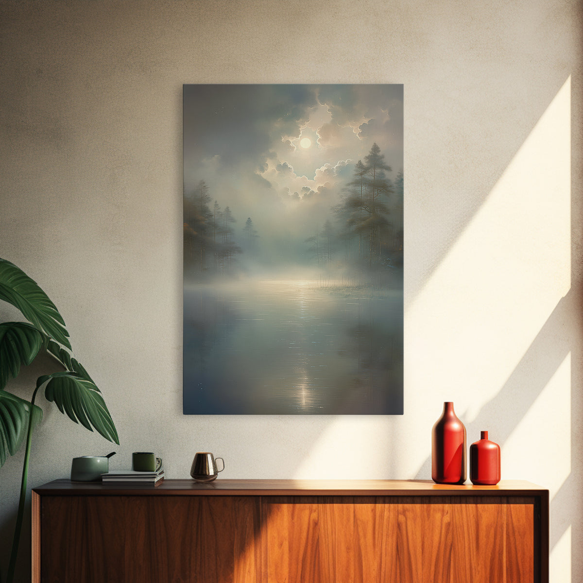 Dreamlike Moonlit Lake Framed Canvas Print, General Fine Art, Oil Painting, Living Room Decor, Fine Art, Gallery Decor, GEN-2x3-69