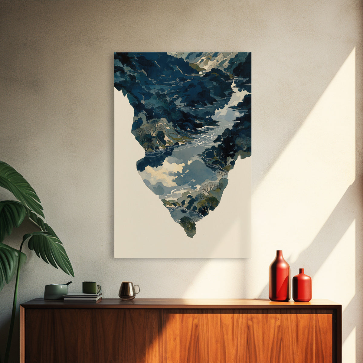 Quiet Abstract River Shape Framed Canvas Print, General Fine Art, Print, Living Room Decor, Abstract Art, Art Deco, GEN-2x3-80
