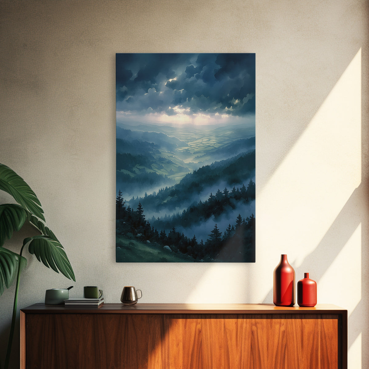 Misty Mountain Valley Framed Canvas Print, General Fine Art, Modern Decor, Living Room Decor, Fine Art, Poster, GEN-2x3-84