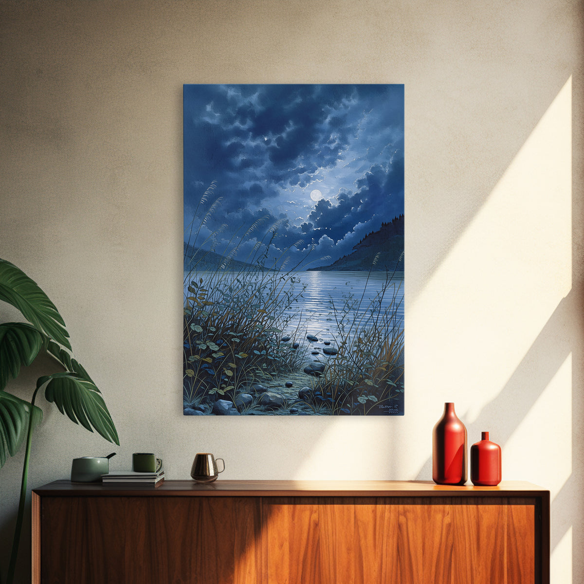Dreamlike Moonlit Lake Framed Canvas Print, General Fine Art, Oil Painting, Living Room Decor, Fine Art, Gallery Decor, GEN-2x3-93