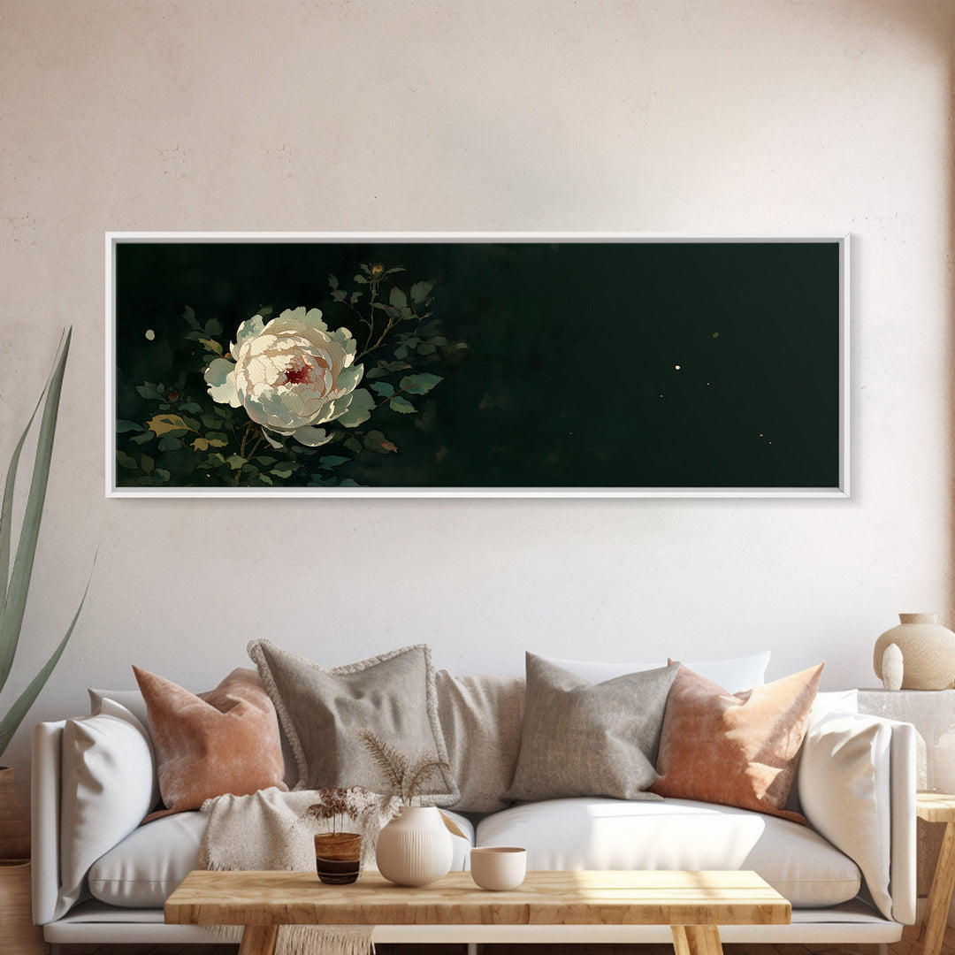 Single Sculptural Flower on a Dark Ground Framed Canvas Print, General Fine Art, Large Wall Art, Living Room Decor, Fine Art, GEN-3x1-1