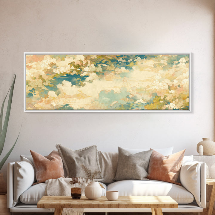 Romantic Cloudscape with Blush and Cream Tones Framed Canvas Print, General Fine Art, Painting, Living Room Decor, Fine Art, GEN-3x1-10