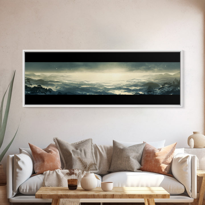 Elegant Ink Wash Landscape Framed Canvas Print, General Fine Art, Framed Wall Art, Living Room Decor, Watercolor Art, GEN-3x1-12