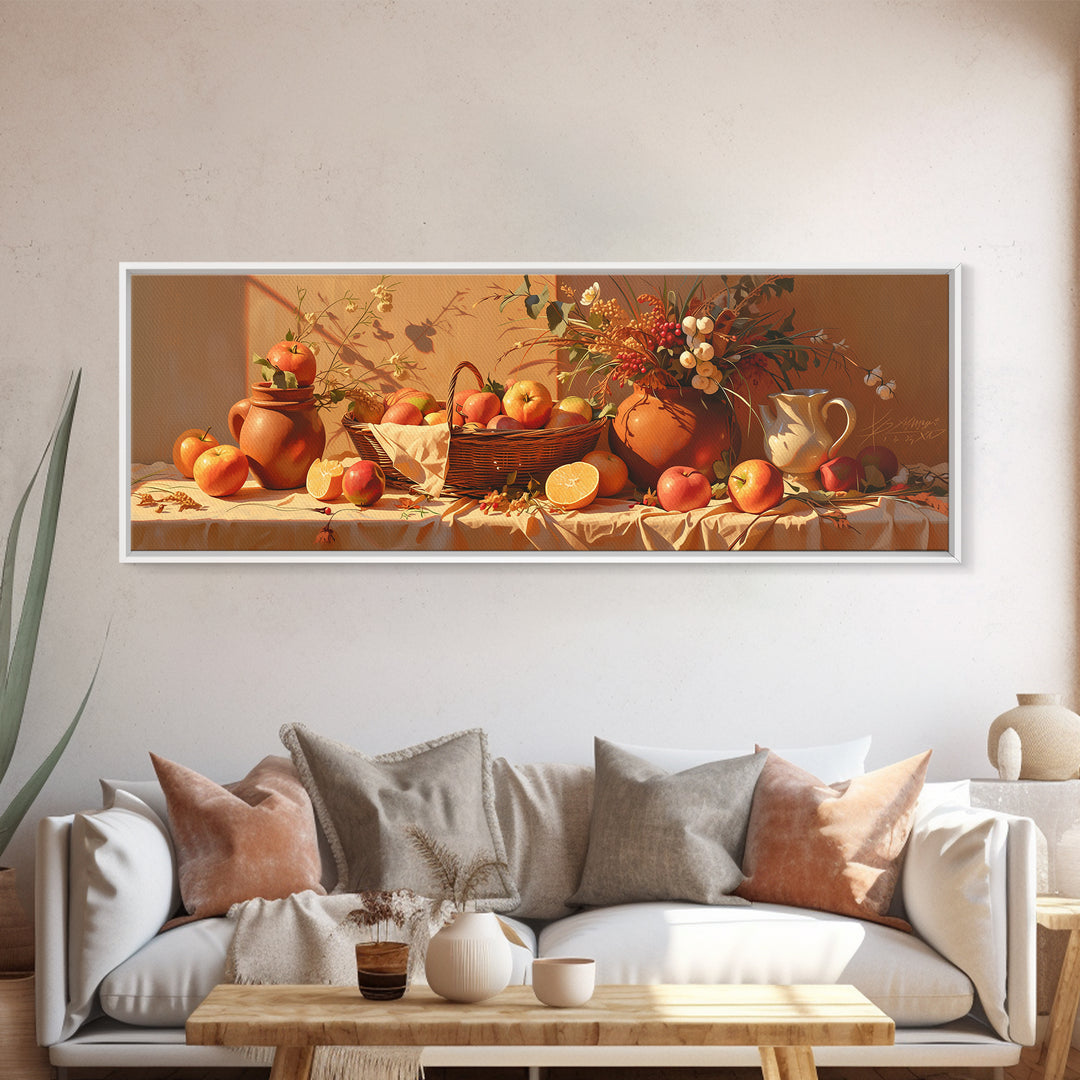 Simple Still Life of Fruit and Linen Framed Canvas Print, General Fine Art, Digital Print, Living Room Decor, Abstract Art, GEN-3x1-32