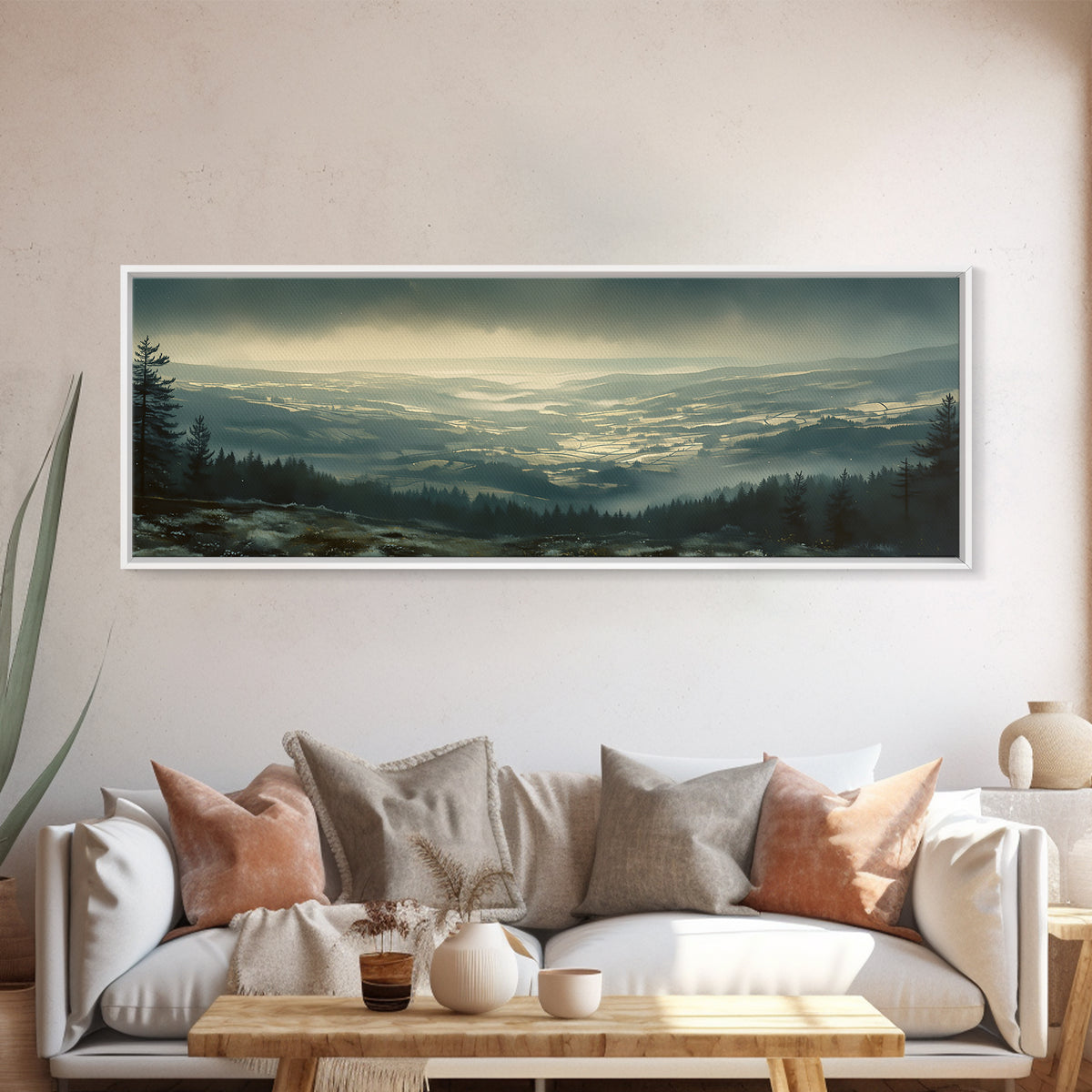 Misty Mountain Valley Framed Canvas Print, General Fine Art, Modern Decor, Living Room Decor, Fine Art, Poster, GEN-3x1-44