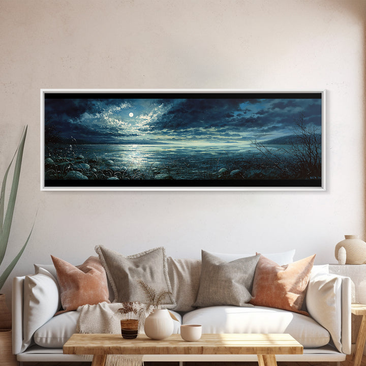 Dreamlike Moonlit Lake Framed Canvas Print, General Fine Art, Wall Art Prints, Living Room Decor, Watercolor Art, GEN-3x1-5