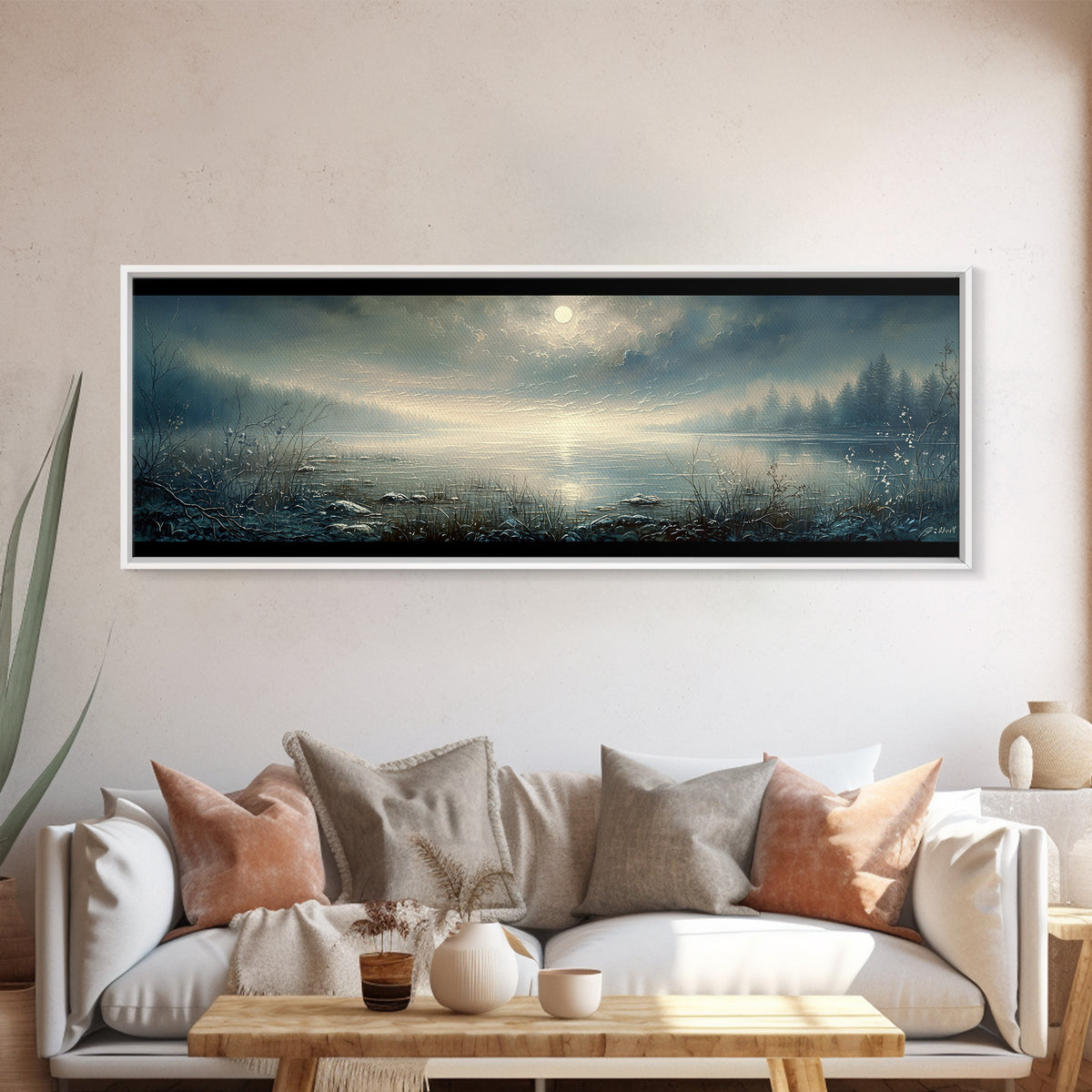 Dreamlike Moonlit Lake Framed Canvas Print, General Fine Art, Abstract Art, Living Room Decor, Oil Painting, GEN-3x1-53