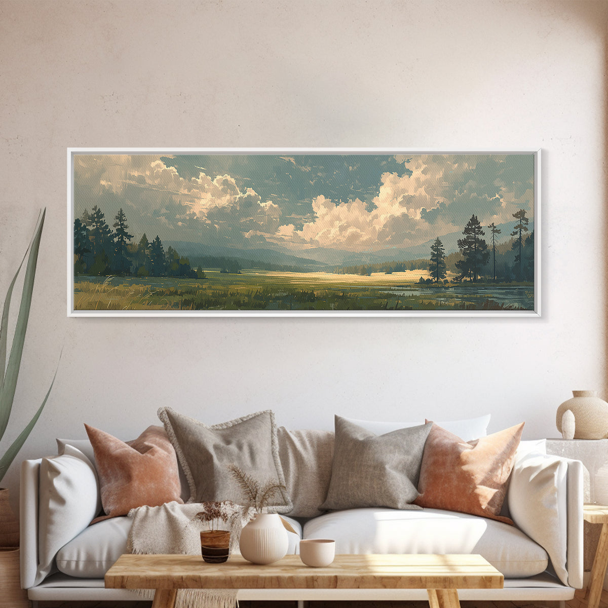 Sunlit Meadow with Loose Impressionist Brushwork Canvas Print, General Fine Art, Framed Wall Art, Living Room Decor, GEN-3x1-6