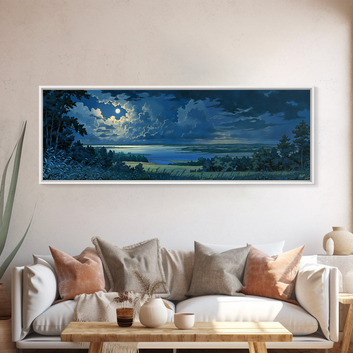 Dreamlike Moonlit Lake Framed Canvas Print, General Fine Art, Abstract Art, Living Room Decor, Oil Painting, GEN-3x1-77