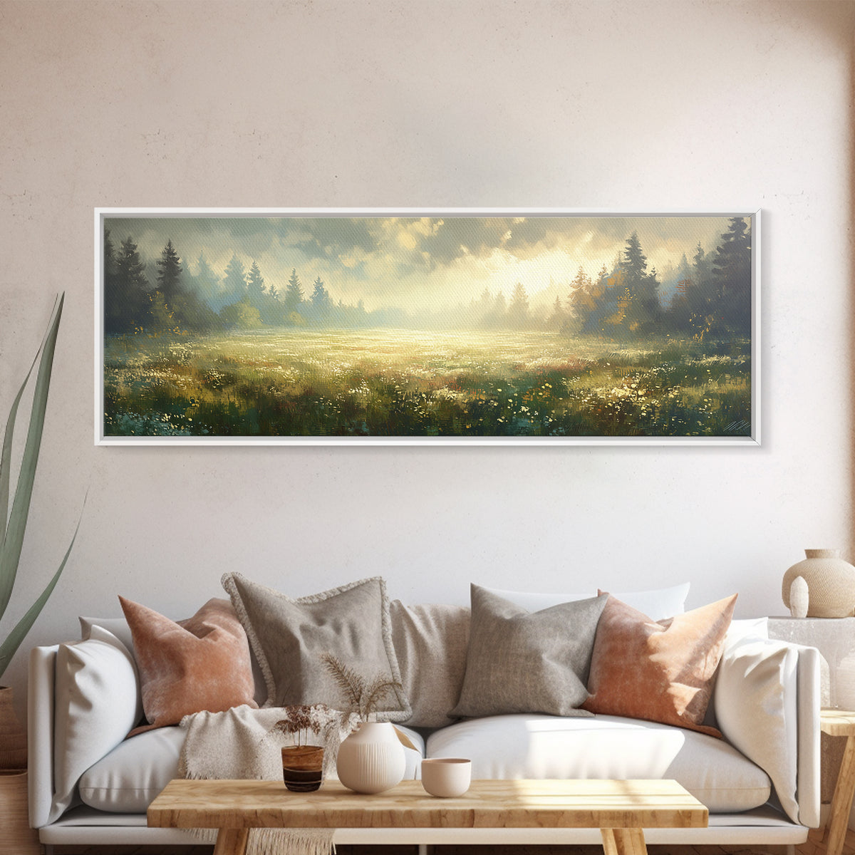 Sunlit Meadow with Loose Impressionist Brushwork Canvas Print, General Fine Art, Digital Prints, Living Room Decor, GEN-3x1-78