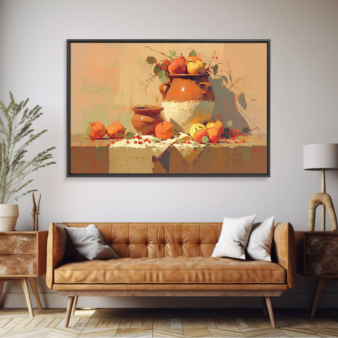 Simple Still Life of Fruit and Linen Framed Canvas Print, General Fine Art, Art Nouveau, Living Room Decor, Abstract Art, GEN-3x2-20