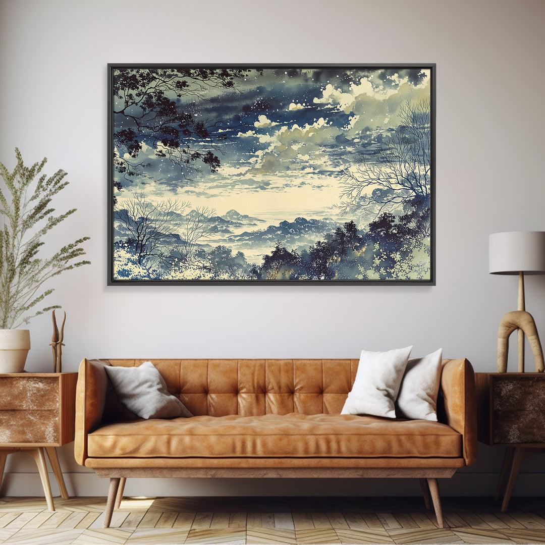 Elegant Ink Wash Landscape Framed Canvas Print, General Fine Art, Framed Wall Art, Living Room Decor, Watercolor Art, GEN-3x2-24