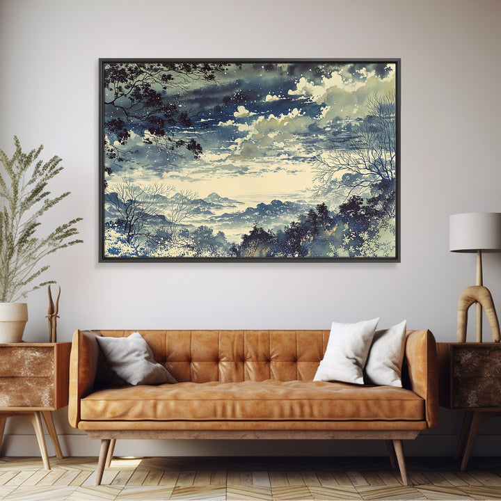 Elegant Ink Wash Landscape Framed Canvas Print, General Fine Art, Framed Wall Art, Living Room Decor, Watercolor Art, GEN-3x2-24