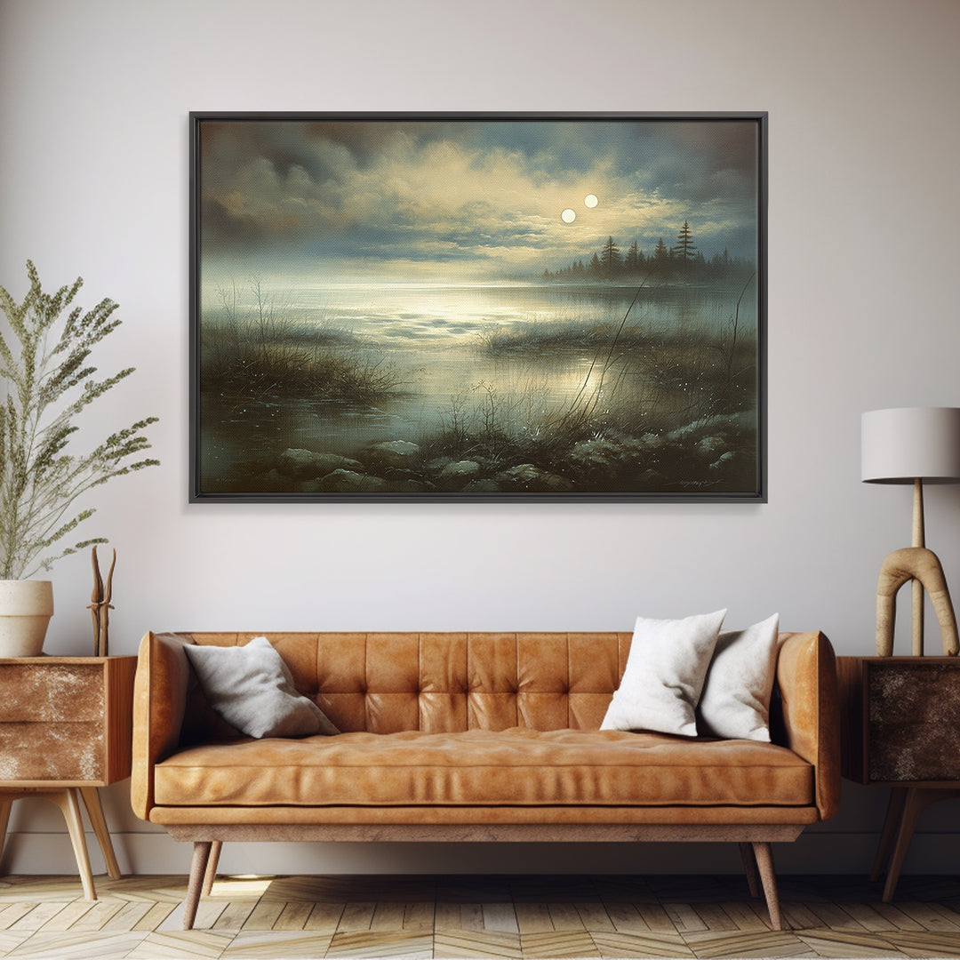 Dreamlike Moonlit Lake Framed Canvas Print, General Fine Art, Digital Print, Living Room Decor, Watercolor Art, GEN-3x2-41