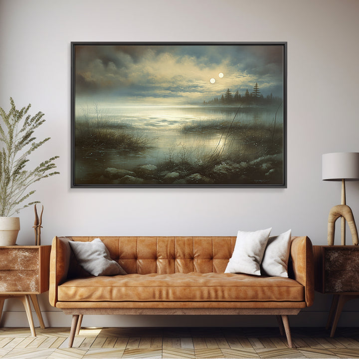 Dreamlike Moonlit Lake Framed Canvas Print, General Fine Art, Digital Print, Living Room Decor, Watercolor Art, GEN-3x2-41