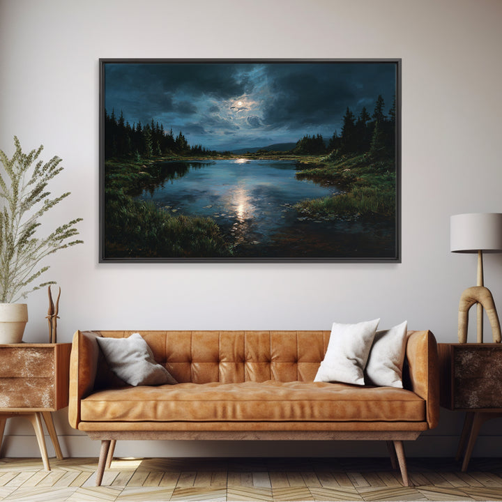 Dreamlike Moonlit Lake Framed Canvas Print, General Fine Art, Digital Print, Living Room Decor, Watercolor Art, GEN-3x2-65