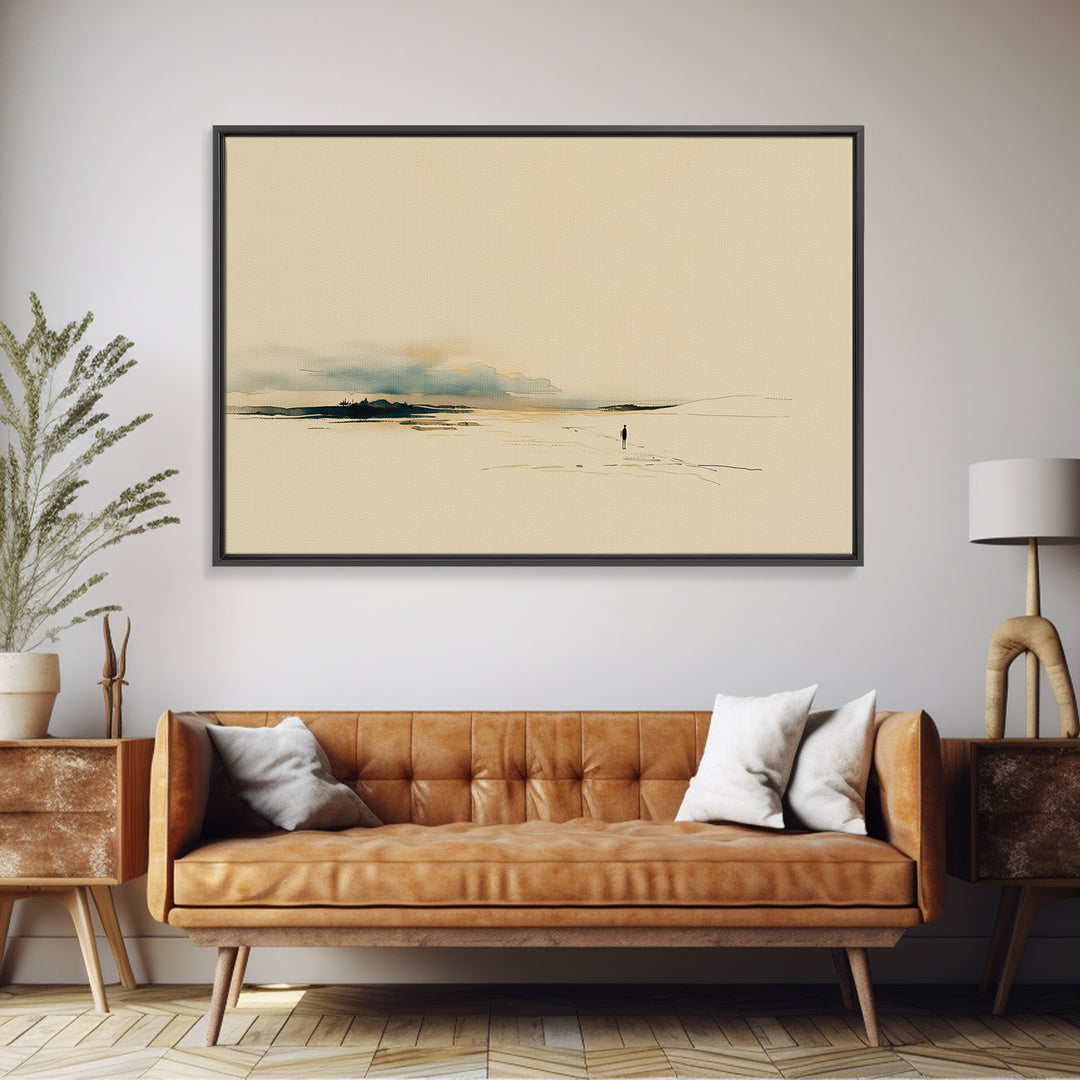 Minimal Black Line Figure on Textured Paper Framed Canvas Print, General Fine Art, Digital Art, Living Room Decor, Fine Art, GEN-3x2-7