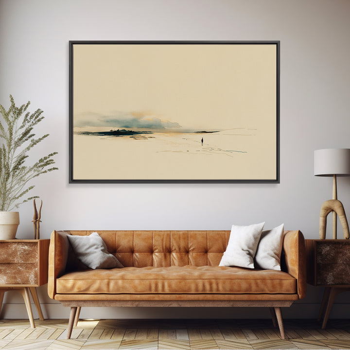 Minimal Black Line Figure on Textured Paper Framed Canvas Print, General Fine Art, Digital Art, Living Room Decor, Fine Art, GEN-3x2-7