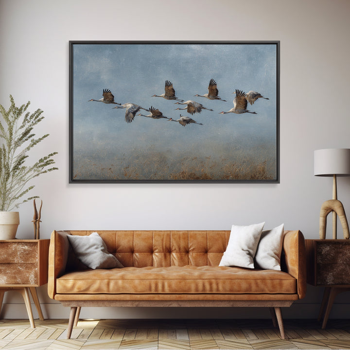 Minimal Birds in Flight over an Open Framed Canvas Print, General Fine Art, Art Deco, Living Room Decor, Oil Painting, GEN-3x2-74