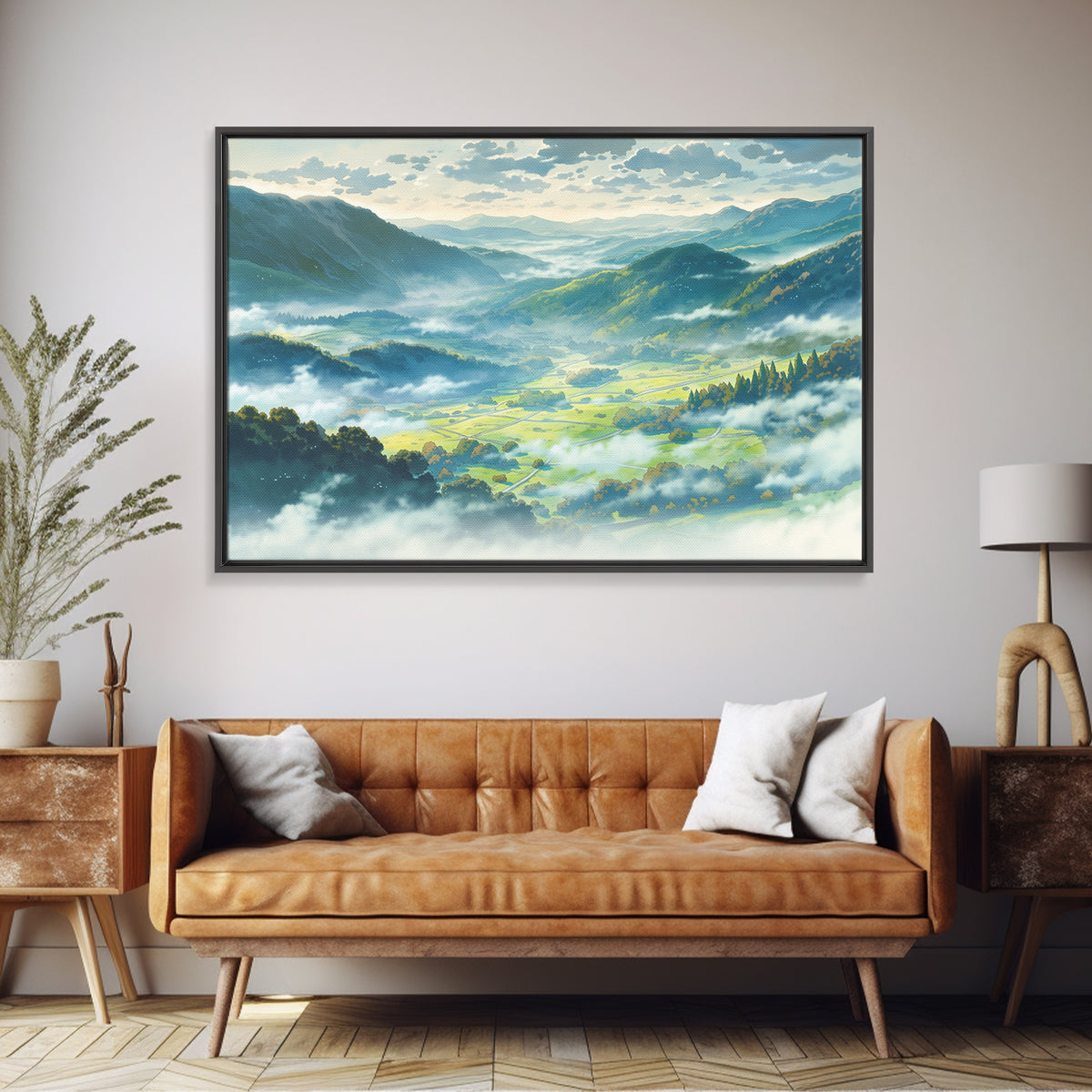 Misty Mountain Valley Framed Canvas Print, General Fine Art, Art Deco, Living Room Decor, Fine Art, Fine Art Print, GEN-3x2-8