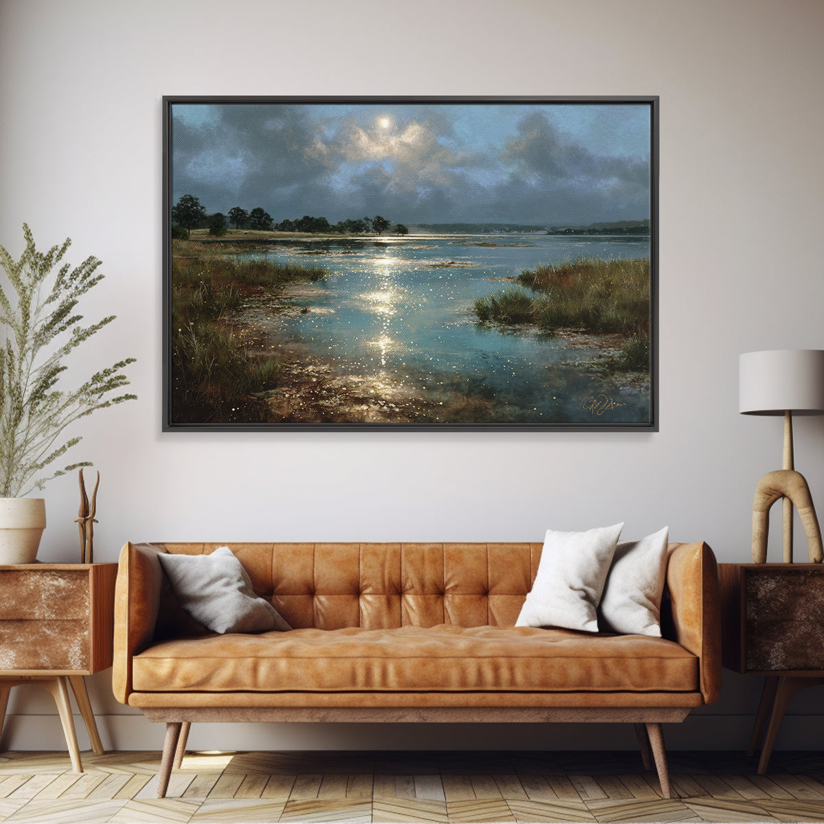 Dreamlike Moonlit Lake Canvas Print, General Fine Art, Boho Decor, Living Room Decor, Fine Art, Wall Decor, Painting, GEN-3x2-89