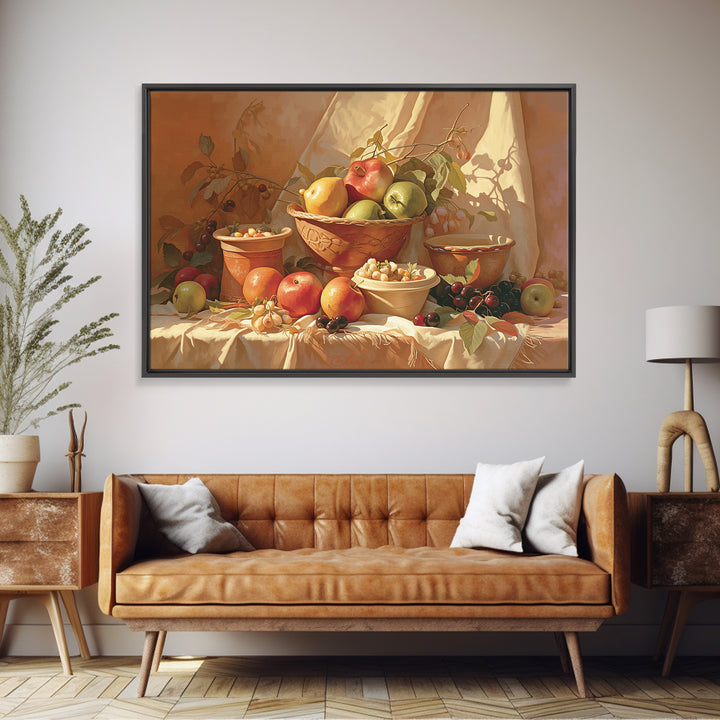 Simple Still Life of Fruit and Linen Framed Canvas Print, General Fine Art, Art, Living Room Decor, Abstract Art, GEN-3x2-92