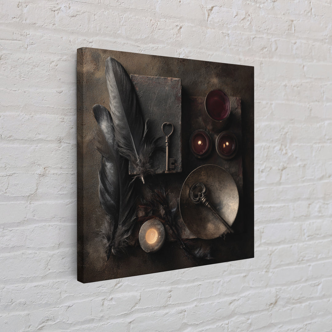 Crow Feathers and Antique Key Still Life Framed Canvas Print, Gothic Art, Halloween Decor, Living Room Decor, Fine Art, Gothic, GOT-1x1-12