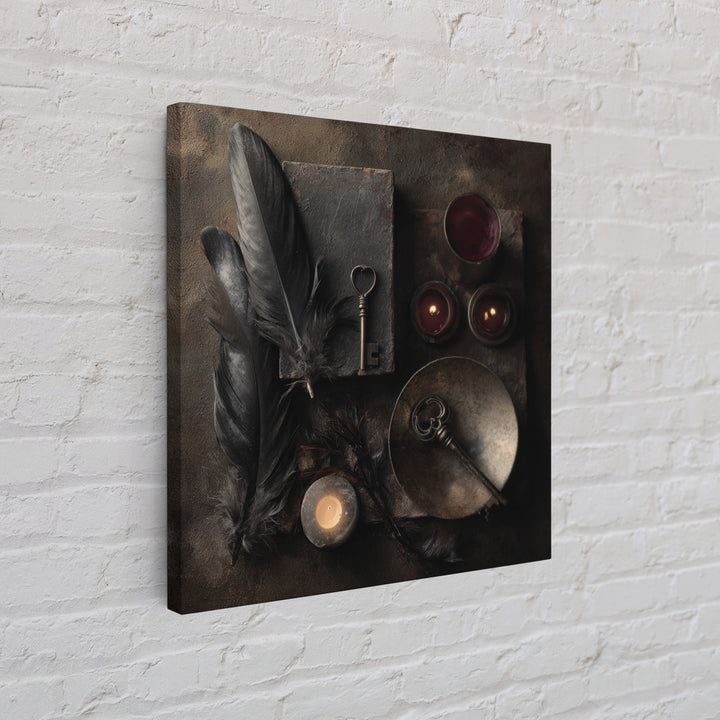 Crow Feathers and Antique Key Still Life Framed Canvas Print, Gothic Art, Halloween Decor, Living Room Decor, Fine Art, Gothic, GOT-1x1-12