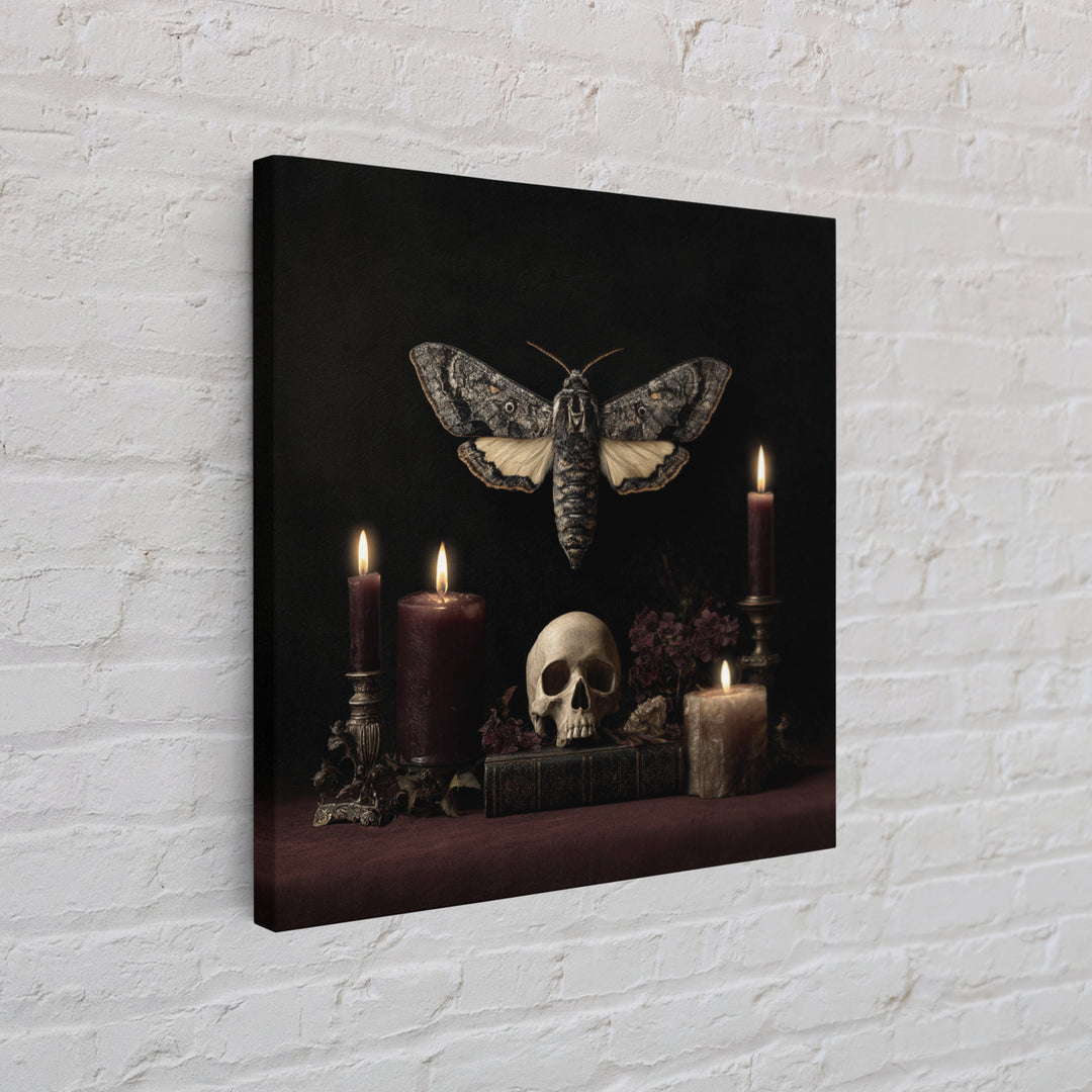 Moth and Skull Composition on Black Velvet Canvas Print, Gothic Art, Canvas Tote Bag, Living Room Decor, Oil Painting, Gothic, GOT-1x1-15