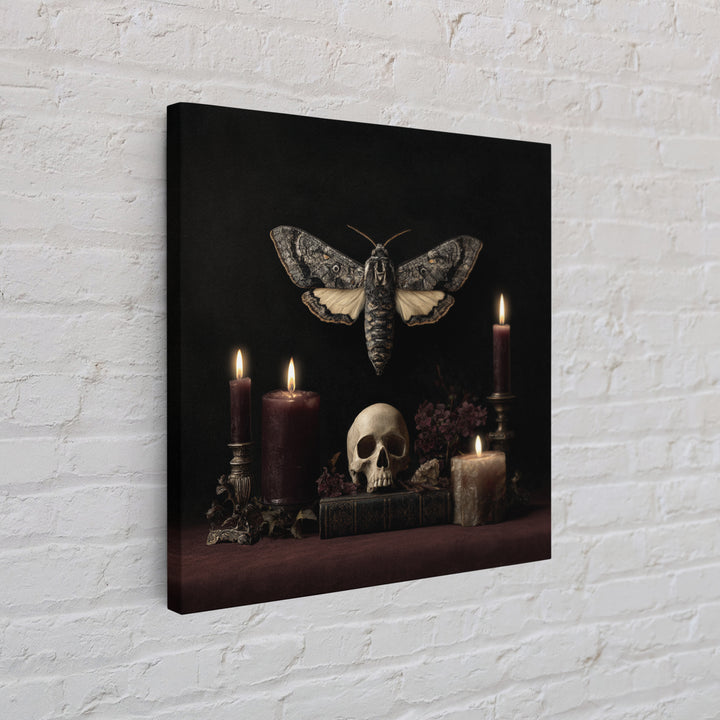 Moth and Skull Composition on Black Velvet Canvas Print, Gothic Art, Canvas Tote Bag, Living Room Decor, Oil Painting, Gothic, GOT-1x1-15