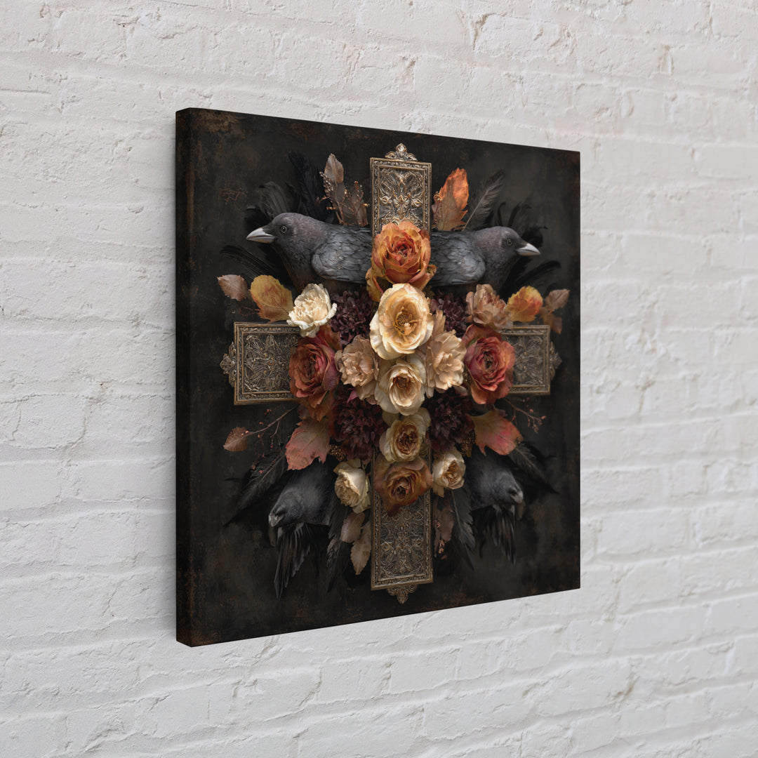 Ornate Cross and Roses Dramatic Still Life Canvas Print, Gothic Art, Art Print, Living Room Decor, Gothic, Whimsigoth Decor, GOT-1x1-20