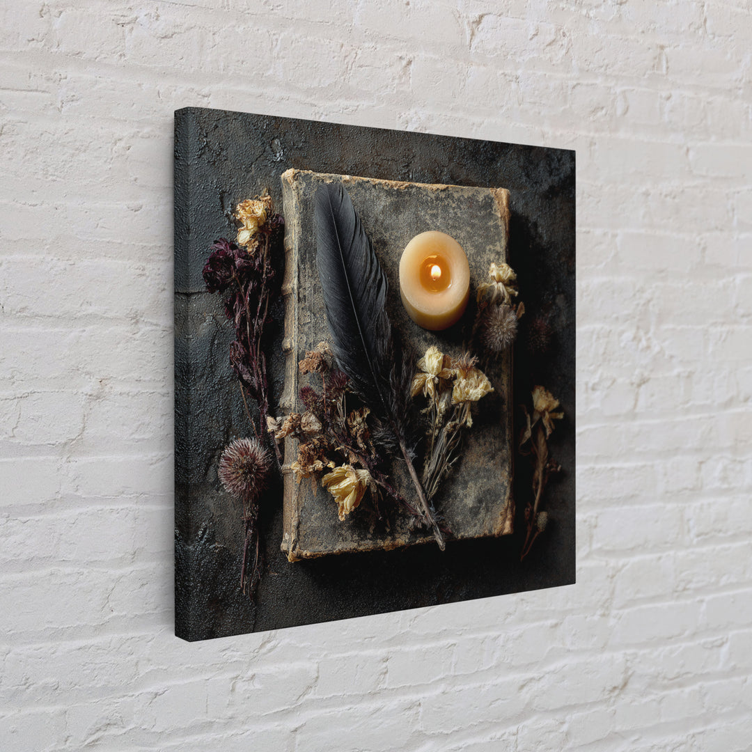 Candlelit Book and Dried Flowers Still Life Framed Canvas Print, Gothic Art, Canvas Painting, Living Room Decor, Gothic, GOT-1x1-42