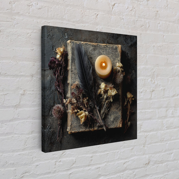 Candlelit Book and Dried Flowers Still Life Framed Canvas Print, Gothic Art, Canvas Painting, Living Room Decor, Gothic, GOT-1x1-42
