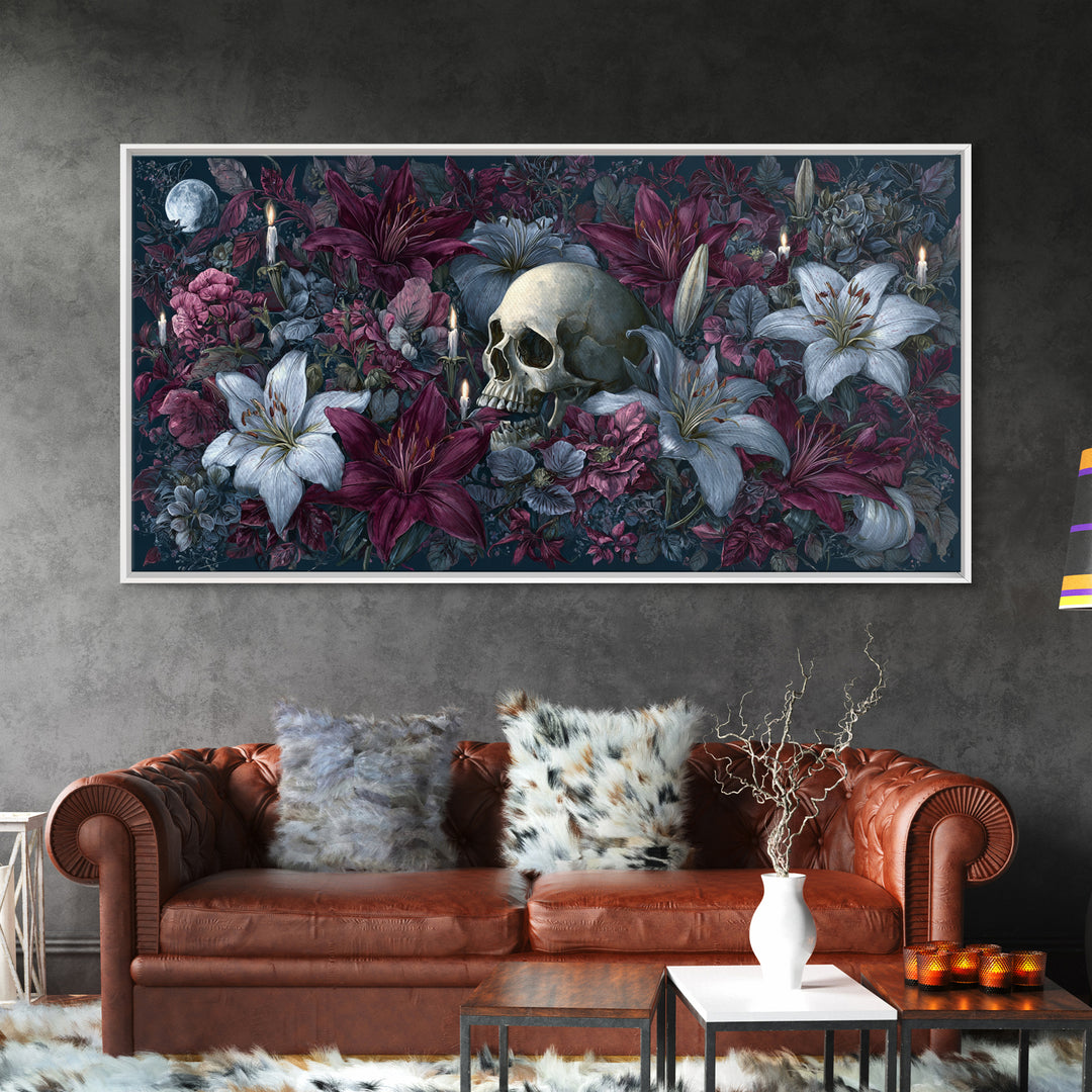 Skull Surrounded by Lilies and Candles Framed Canvas Print, Gothic Art, Home Decor, Living Room Decor, Fine Art, Gothic, GOT-2x1-1
