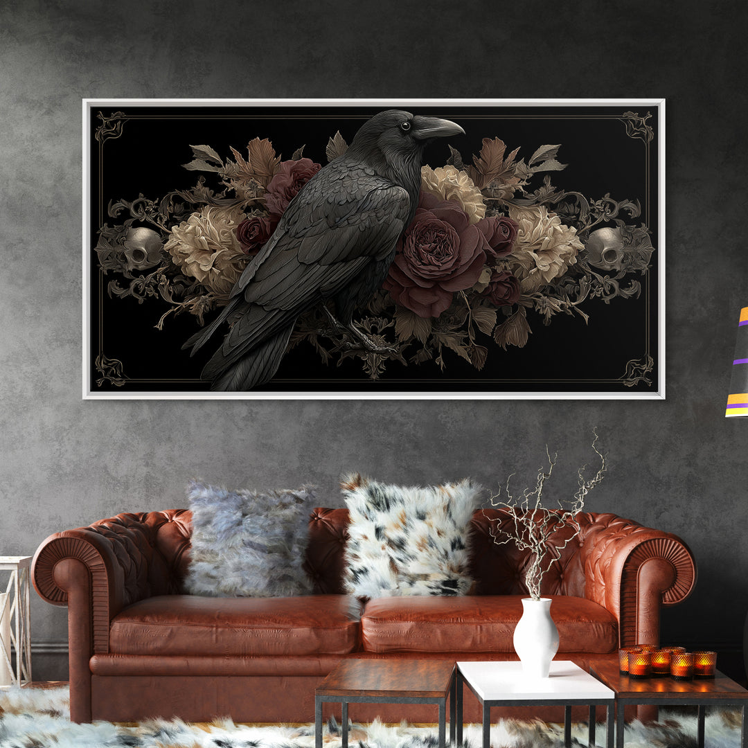 Raven Feathers Arranged Like a Halo Framed Canvas Print, Gothic Art, Fine Art Print, Living Room Decor, Fine Art, Gothic, GOT-2x1-18