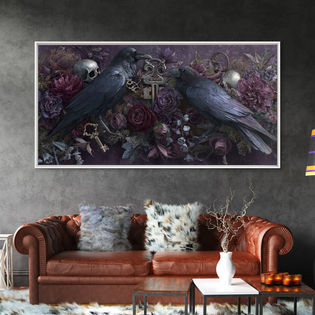 Crow Feathers and Antique Key Still Life Canvas Print, Gothic Art, Contemporary Art, Living Room Decor, Oil Painting, Gothic, GOT-2x1-32
