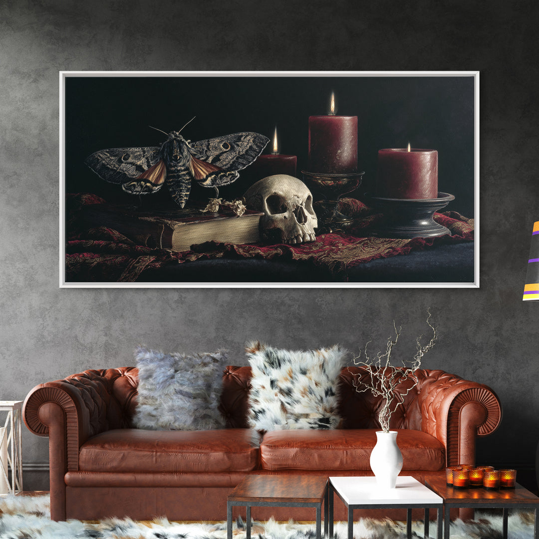 Moth and Skull Composition on Black Velvet Framed Canvas Print, Gothic Art, Halloween Art, Living Room Decor, Watercolor Art, GOT-2x1-59
