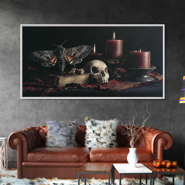 Moth and Skull Composition on Black Velvet Framed Canvas Print, Gothic Art, Halloween Art, Living Room Decor, Watercolor Art, GOT-2x1-59