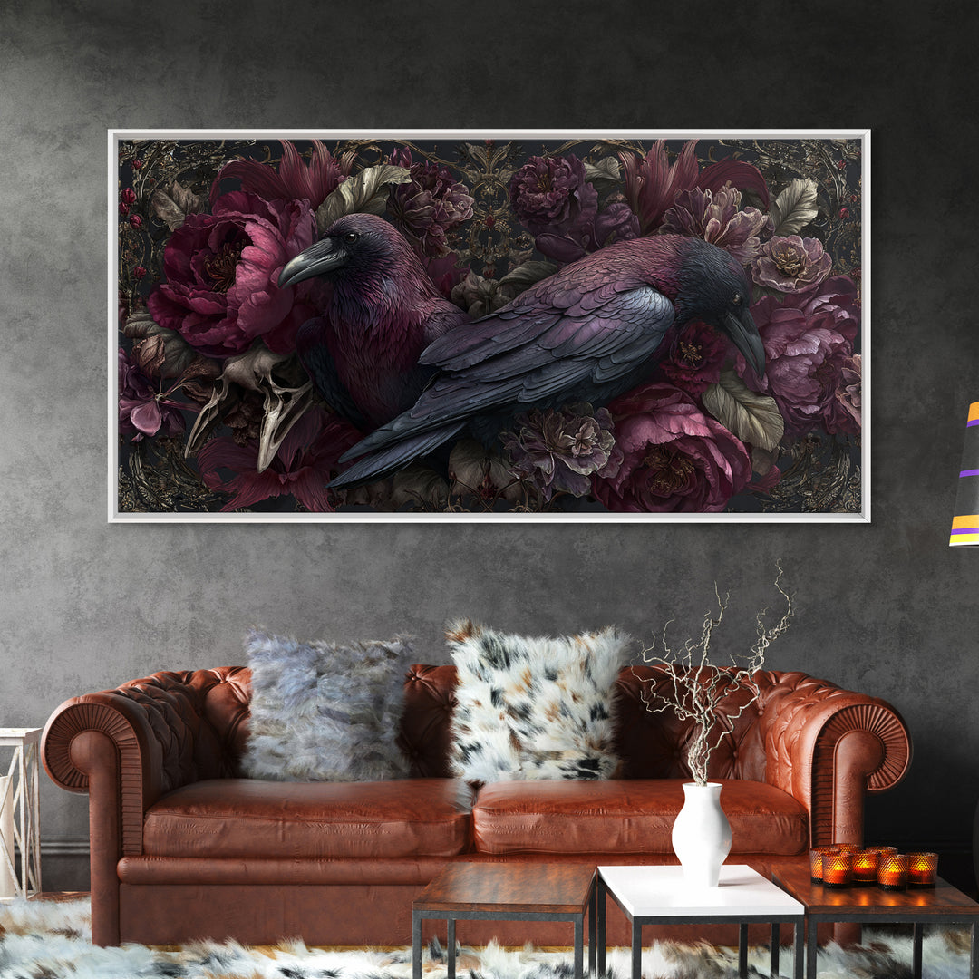 Raven Feathers Arranged Like a Halo Canvas Print, Gothic Art, Textured Painting, Living Room Decor, Watercolor Art, Gothic, GOT-2x1-66