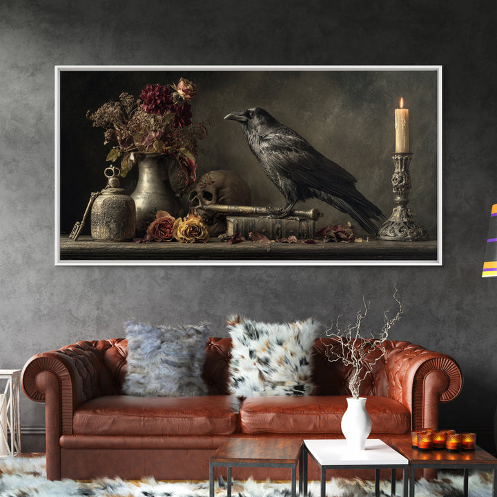 Crow Feathers and Antique Key Still Life Framed Canvas Print, Gothic Art, Dark Academia Decor, Living Room Decor, Gothic, GOT-2x1-80