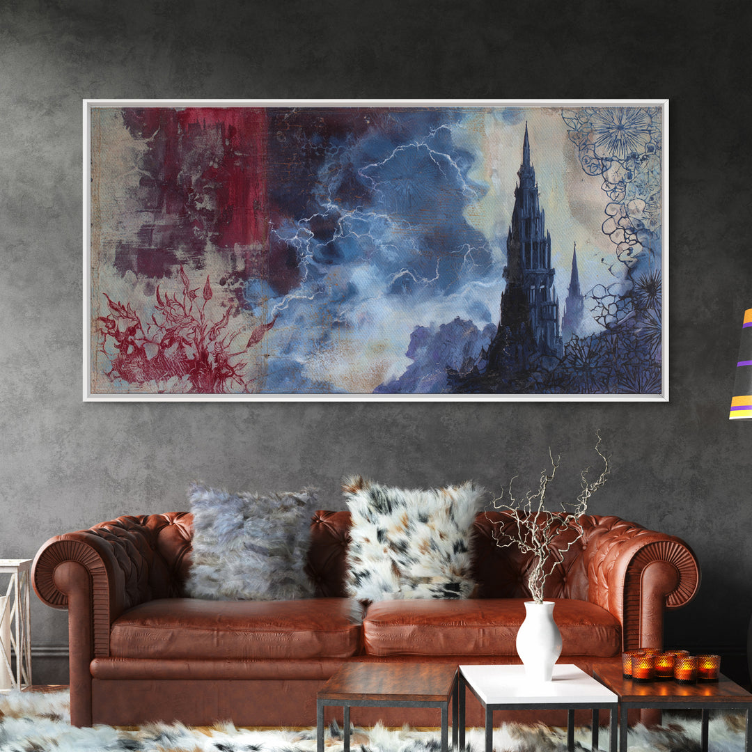 Cathedral Spire Beneath Lightning Clouds Canvas Print, Gothic Art, Wall Art, Living Room Decor, Gothic, Canvas Tote Bag, GOT-2x1-82