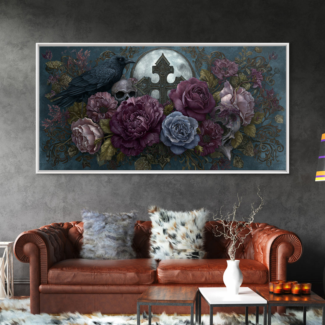 Ornate Cross and Roses Dramatic Still Life Framed Canvas Print, Gothic Art, Canvas Tote Bag, Living Room Decor, Gothic, GOT-2x1-88