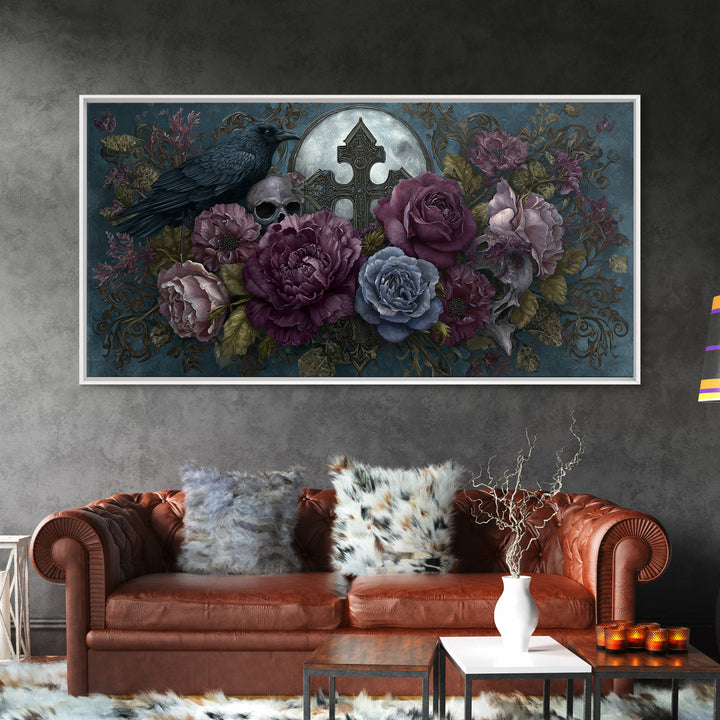 Ornate Cross and Roses Dramatic Still Life Framed Canvas Print, Gothic Art, Canvas Tote Bag, Living Room Decor, Gothic, GOT-2x1-88