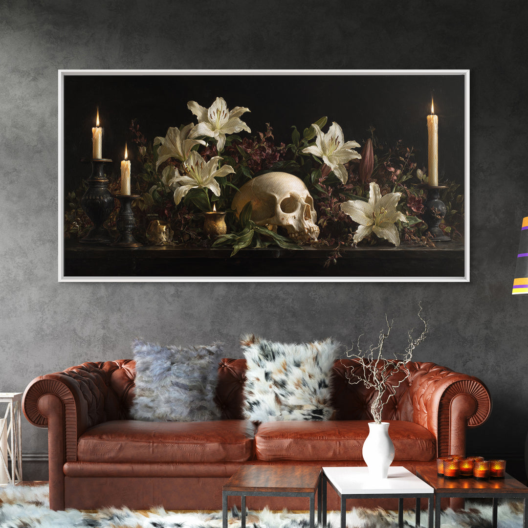 Skull Surrounded by Lilies and Candles Framed Canvas Print, Gothic Art, Canvas Tote Bag, Living Room Decor, Fine Art, Gothic, GOT-2x1-97