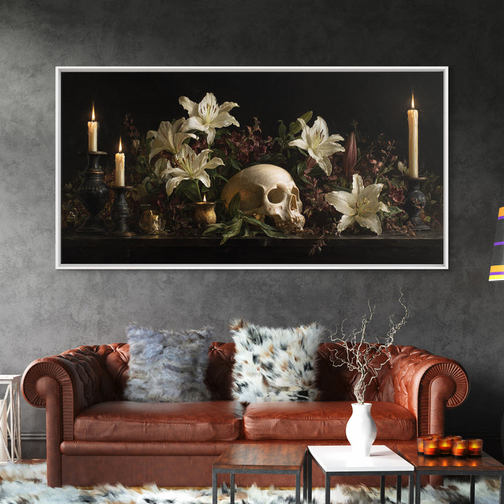 Skull Surrounded by Lilies and Candles Framed Canvas Print, Gothic Art, Canvas Tote Bag, Living Room Decor, Fine Art, Gothic, GOT-2x1-97