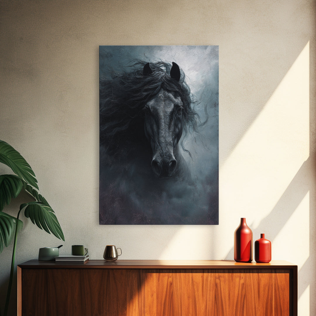 Black Horse with Flowing Mane in Fog Framed Canvas Print, Gothic Art, Wall Art, Living Room Decor, Gothic, Canvas Tote Bag, GOT-2x3-1