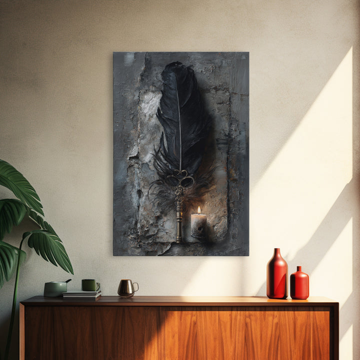 Crow Feathers and Antique Key Still Life Framed Canvas Print, Gothic Art, Black and White Art, Living Room Decor, GOT-2x3-44
