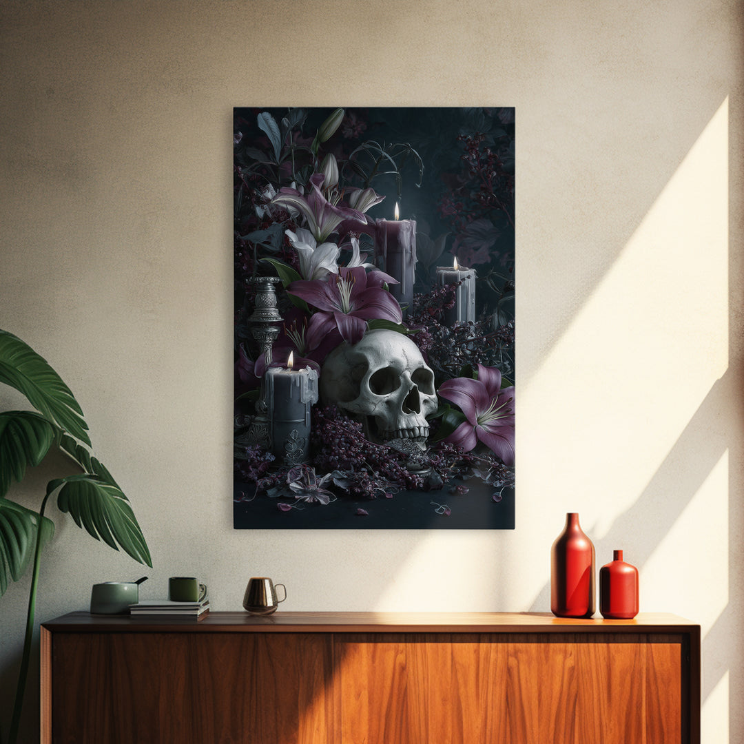 Skull Surrounded by Lilies and Candles Canvas Print, Gothic Art, Original Painting, Living Room Decor, Fine Art, Gothic, GOT-2x3-61