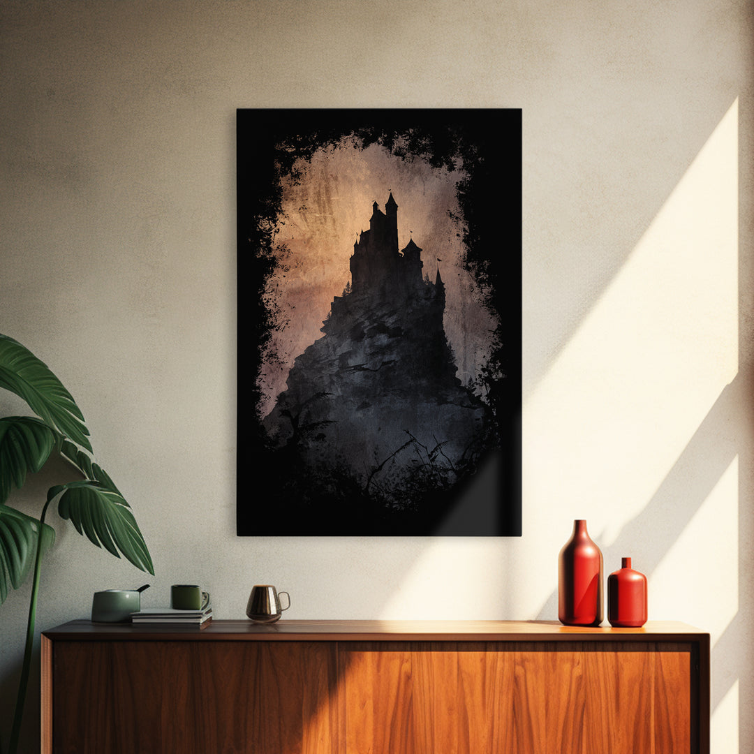 Stormy Castle Silhouette on Jagged Cliffs Canvas Print, Gothic Art, Digital Art, Living Room Decor, Abstract Art, Gothic, GOT-2x3-62