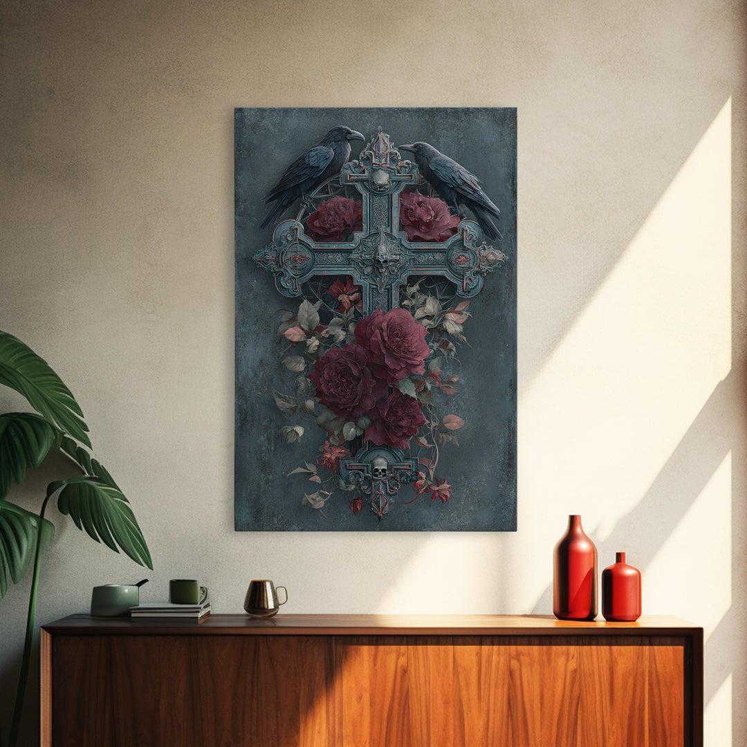 Ornate Cross and Roses Dramatic Still Life Framed Canvas Print, Gothic Art, Printable Art, Living Room Decor, Fine Art, Gothic, GOT-2x3-76